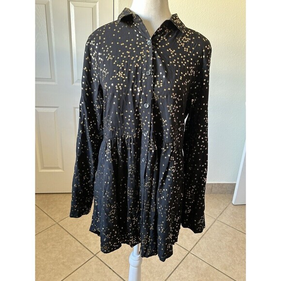 Solitaire Anthropology Black Stars Gold Roll Tab Long Sleeve Size Medium Button - Picture 1 of 16